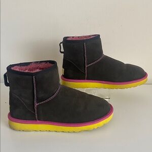 UGG Ankle Boots Size 7US Genuine Leather Brown Neon Pink & Yellow Details ✨Rare